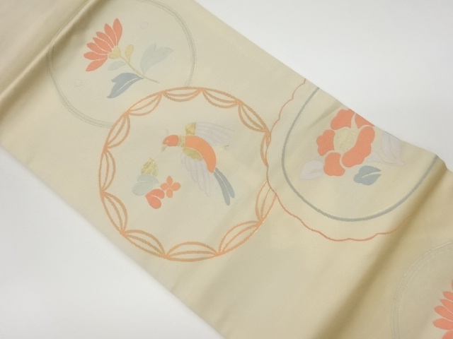 リサイクル　丸紋に椿・花模様織出し名古屋帯